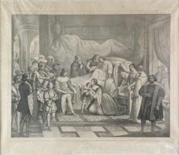 Carlo III sceso in Italia visita a Pavia l'infelice Galeazzo Visconti, litografia metv† XIX secolo (Thomas et imprime par Becquet frv®res v† Paris),