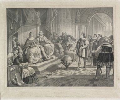 Cristoforo Colombo dimostra al re Ferdinando d'Aragona la sua certezza del nuovo mondo, litografia metv† XIX secolo (Thomas et imprime par Becquet frv®res v† Paris)