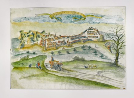 View of the village of Acquaviva Picena, watercolor, 17th century