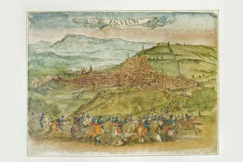 Asculum. View of the city of Ascoli Piceno, watercolor, 17th century