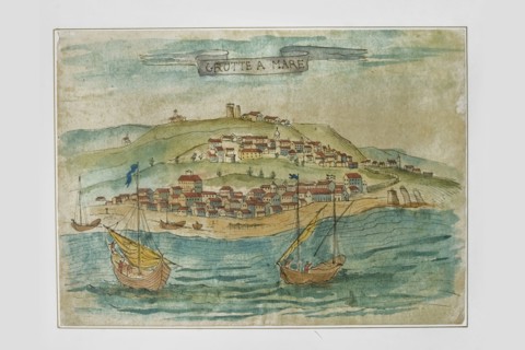 Grotta a Mare. View of the village of Grottammare, watercolor, 17th century.