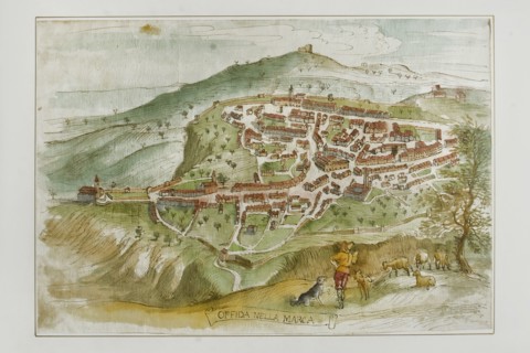 Offida in the Marches. View of the village of Offida, watercolor, 17th century.