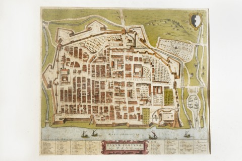 Joan Blaeu, Fanum Fortunae historical map of the city of Fano, 17th century, engraving