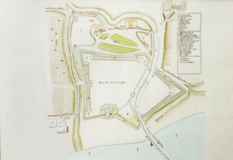 Pianta della cittv† di Senigaglia, proveniente dall'archivio di stato di Pesaro (1732), disegno acquarellato