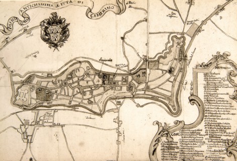 Camerino, 17th century historical map of the city, watercolor drawing, Camerino, Valentiniana Municipal Library