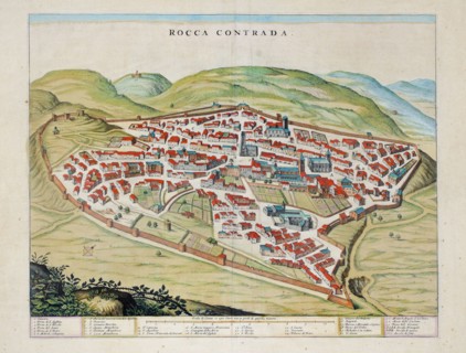 Rocca Contrada, current Arcevia, historical map of the city from the 18th century, made from a drawing by Ercole Ramazzani in 1594, watercolour engraving