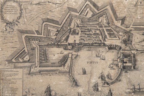 Historical engraving depicting the port and the city of Civitavecchia Centum Cellae, author of the drawing Cinthio Floro, dating 1699