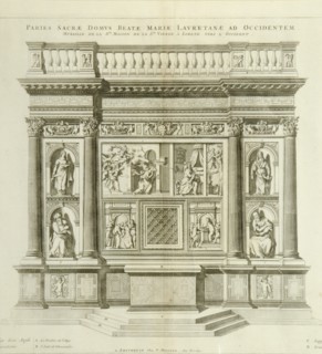 Pierre Mortier, Santuario di Loreto, incisione, XVII secolo. La parete decorativa che ricopre verso occidente la Santa casa della Vergine di Loreto