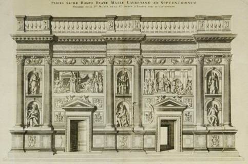 Pierre Mortier, Sanctuary of Loreto, engraving, 17th century. The decorative wall that covers the north side of the Holy House of the Virgin of Loreto.