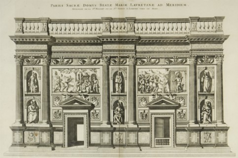 Pierre Mortier, Sanctuary of Loreto, engraving, 17th century. The decorative wall that covers the Holy House of the Virgin of Loreto to the south.