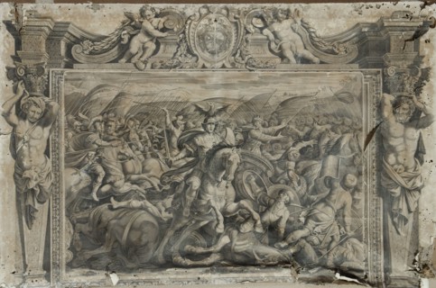 Historical engraving depicting a mythological battle scene, 17th century