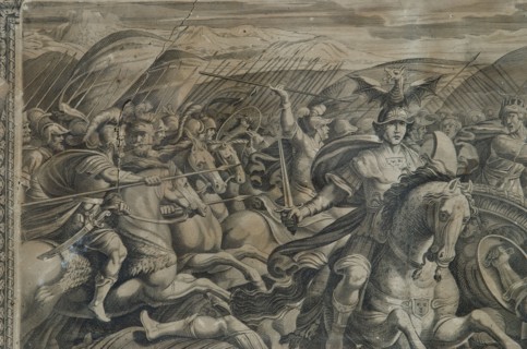 Historical engraving depicting a mythological battle scene, 17th century