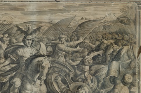 Historical engraving depicting a mythological battle scene, 17th century