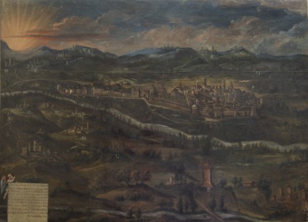 Jesi (Italia, Marche, provincia di Ancona), Biblioteca Planettiana, Sala della direzione. Antonino Sarti (attribuzione), La cittv† di jesi e il suo territorio, olio su tela, XVII secolo
