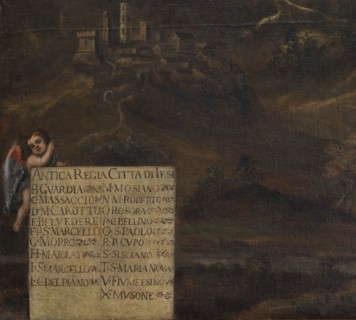 Jesi (Italia, Marche, provincia di Ancona), Biblioteca Planettiana, Sala della direzione. Antonino Sarti (attribuzione), La cittv† di jesi e il suo territorio, olio su tela, XVII secolo