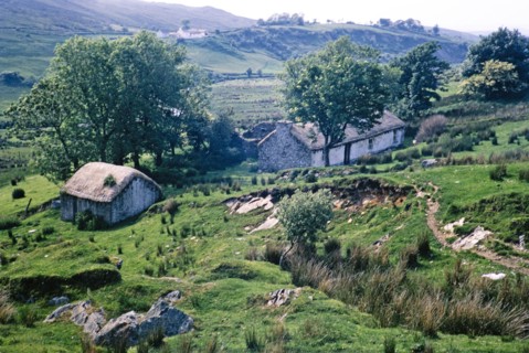 Thatched stone blackhouse traditional croft farmhouse building.