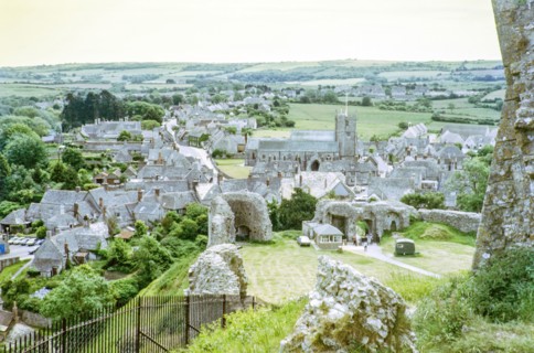 View of Corfe Castle village from the castle ruins.
