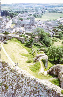 View of Corfe Castle village from the castle ruins.