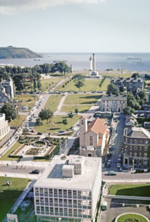 View down Armada Way to coast and Plymouth Hoe.