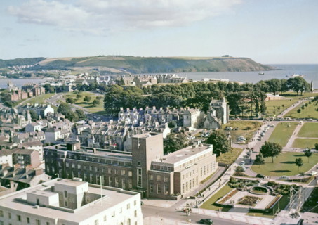 View down Armada Way to coast and Plymouth Hoe.
