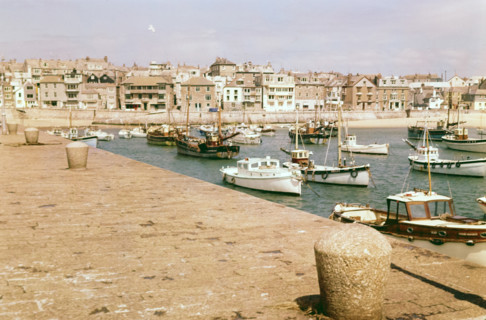 Boats at moorings in the harbour at St Ives.