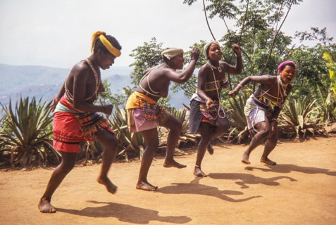 Zulu women perform a traditional dance in a village in the KwaZulu-Natal province of South Africa.