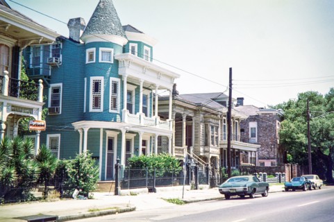 Striking blue Victorian house.