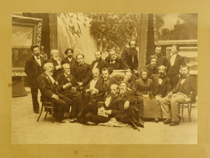 Members of the 27th exhibition of the Society for Travelling Art Exhibitions against Vasily Surikov's painting ""Suvorov Crossing the Alps"".