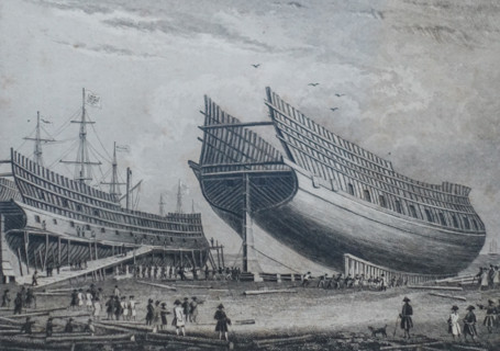 Construction of the ship Poltava, the first ship built in St. Petersburg.
