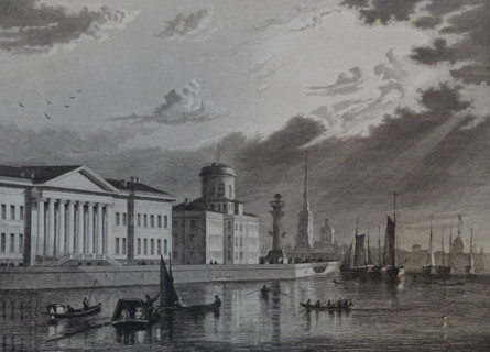 Left bank of the Neva, with the buildings of the Academy of Sciences, the Kunstkamera, one of the Stock exchange lighthouses, Fortress.