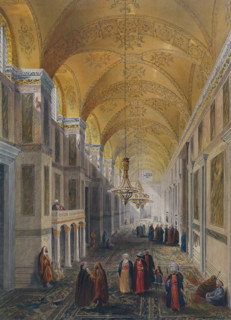 Narthex or porch of Ayasofya Mosque with groups of men in traditional dress.