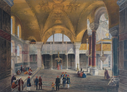 Central view of the north nave of Ayasofya Mosque with groups of men in traditional dress.