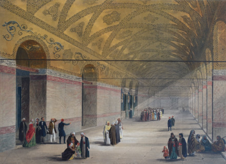 Entrance to the gynoecium or upper gallery of Ayasofya Mosque with groups of people in traditional dress.