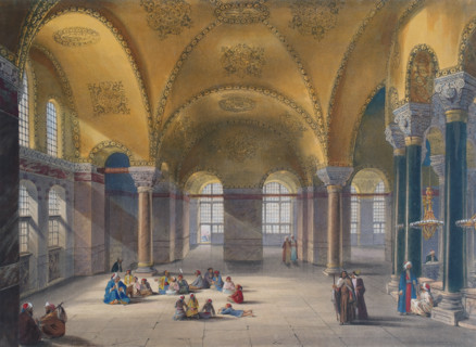 View to the gynoecium or upper gallery taken from the eastern side of Ayasofya Mosque with groups of men in traditional dress.