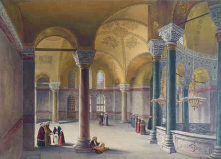 View to the gynoecium or upper gallery taken from the eastern side of Ayasofya Mosque with groups of people in traditional dress.