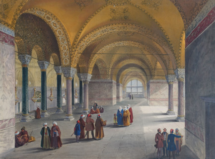 Entrance to the gynoecium, or upper gallery of Ayasofya Mosque with groups of people in traditional dress.