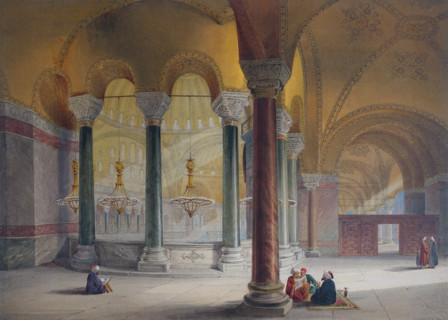 View to the gynoecium, or upper gallery from the east and west sides of Ayasofya Mosque with groups of men in traditional dress.