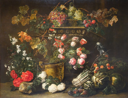 Still life with flowers, fruit and a parrot.