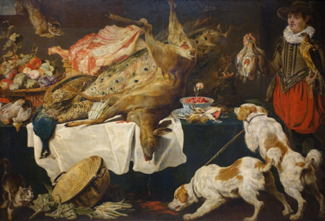 Hunter with dogs at a table with poultry and fruit.