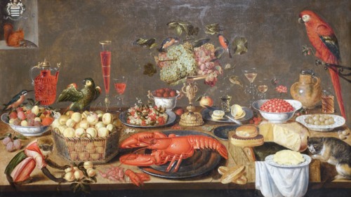 Large banquet table with lobster, fruit, wine glass, porcelain and pewter dishes, birds, monkey, squirrel and cat.