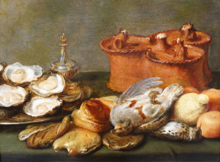 Still life with oysters and partridges.