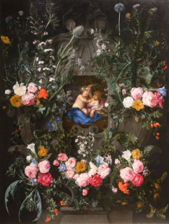 Garland of flowers around the image of the infant Christ and John the Baptist.