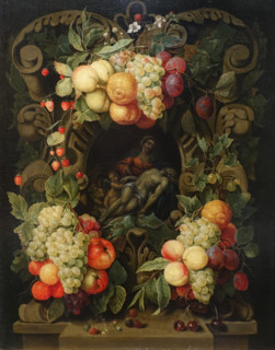 Garland of Fruit Framing a Cartouche Depicting the Lamentation of Christ.