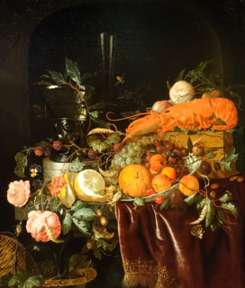 Still life with roses, lobster and glass goblets.