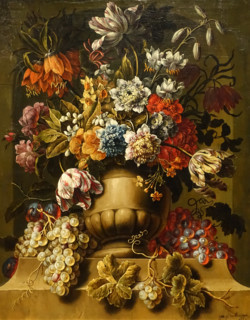 Flowers in a stone vase.