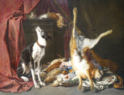 Still life with a wildfowl, a hare, a hunting dog and a cat.