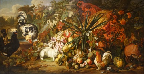 Still life with roosters and rabbits.