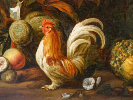 Still life with roosters and rabbits.