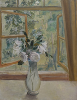 White roses and lilies in front of the window.