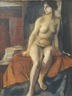 Seated Nude woman on Red Drapery.